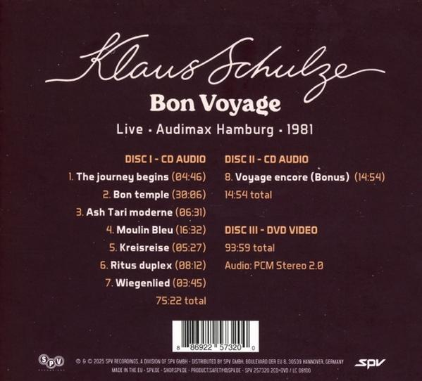 CD-Cover: Weißer Text 'Klaus Schulze Bon Voyage' mit Trackliste, schwarzer Hintergrund.