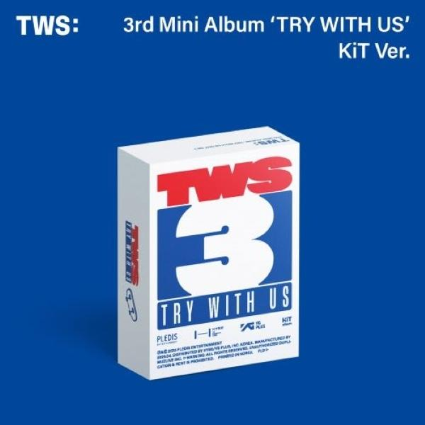 Box-Set für "TWS: 3rd Mini Album 'TRY WITH US'" mit weißer Box und blauem Hintergrund.