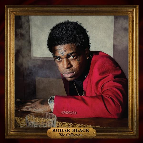 Album borító: Kodak Black, The Collection. Férfi piros dzsekiben, arany szegélyben keretezve.