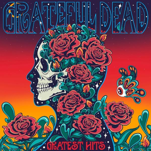 Albumcover. Ein Totenkopf mit Rosen. Titel: Greatest Hits. Künstler: Grateful Dead.