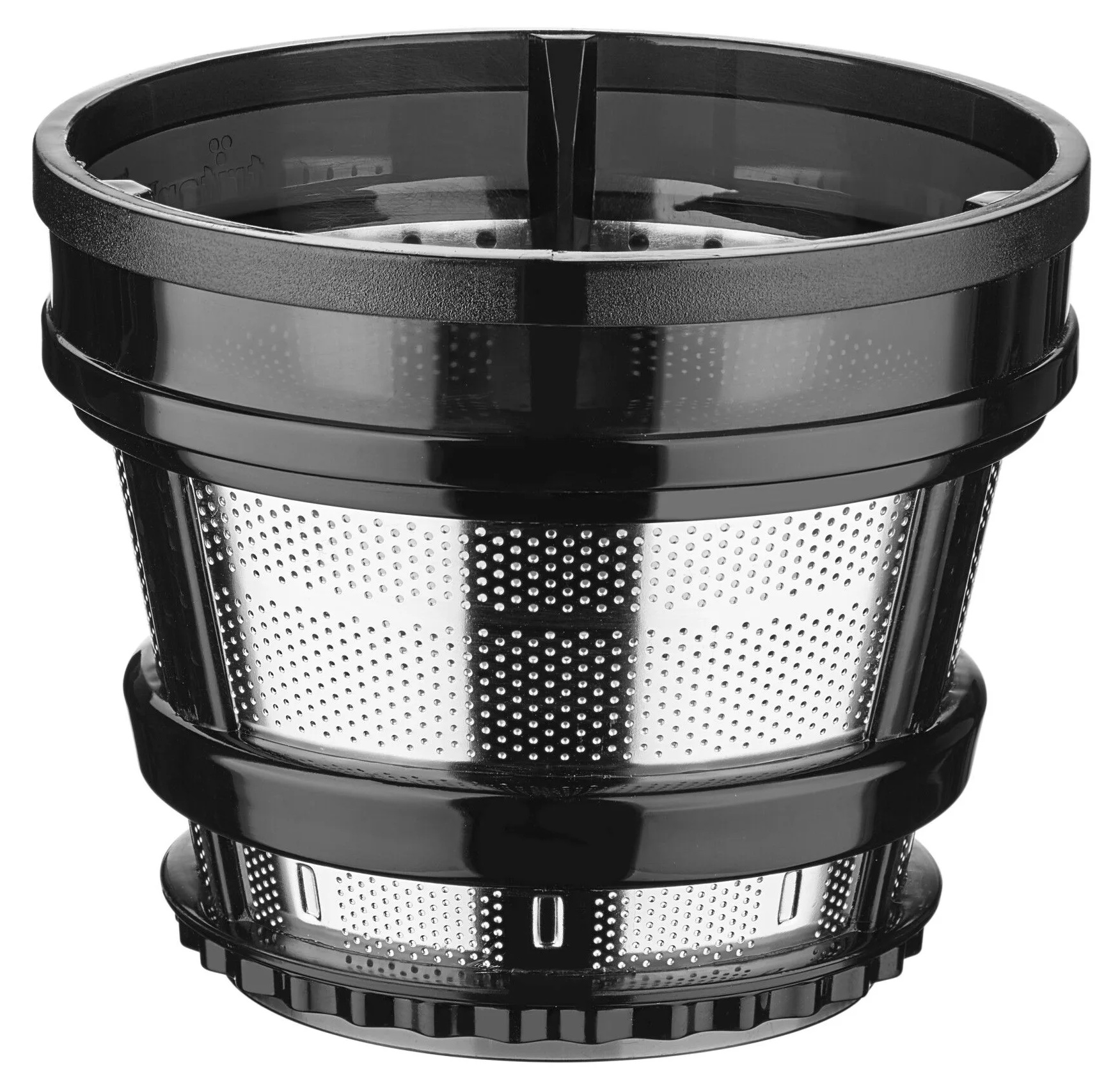 Czarny filtr do wyciskarki, siatka ze stali nierdzewnej, z czarną górą.