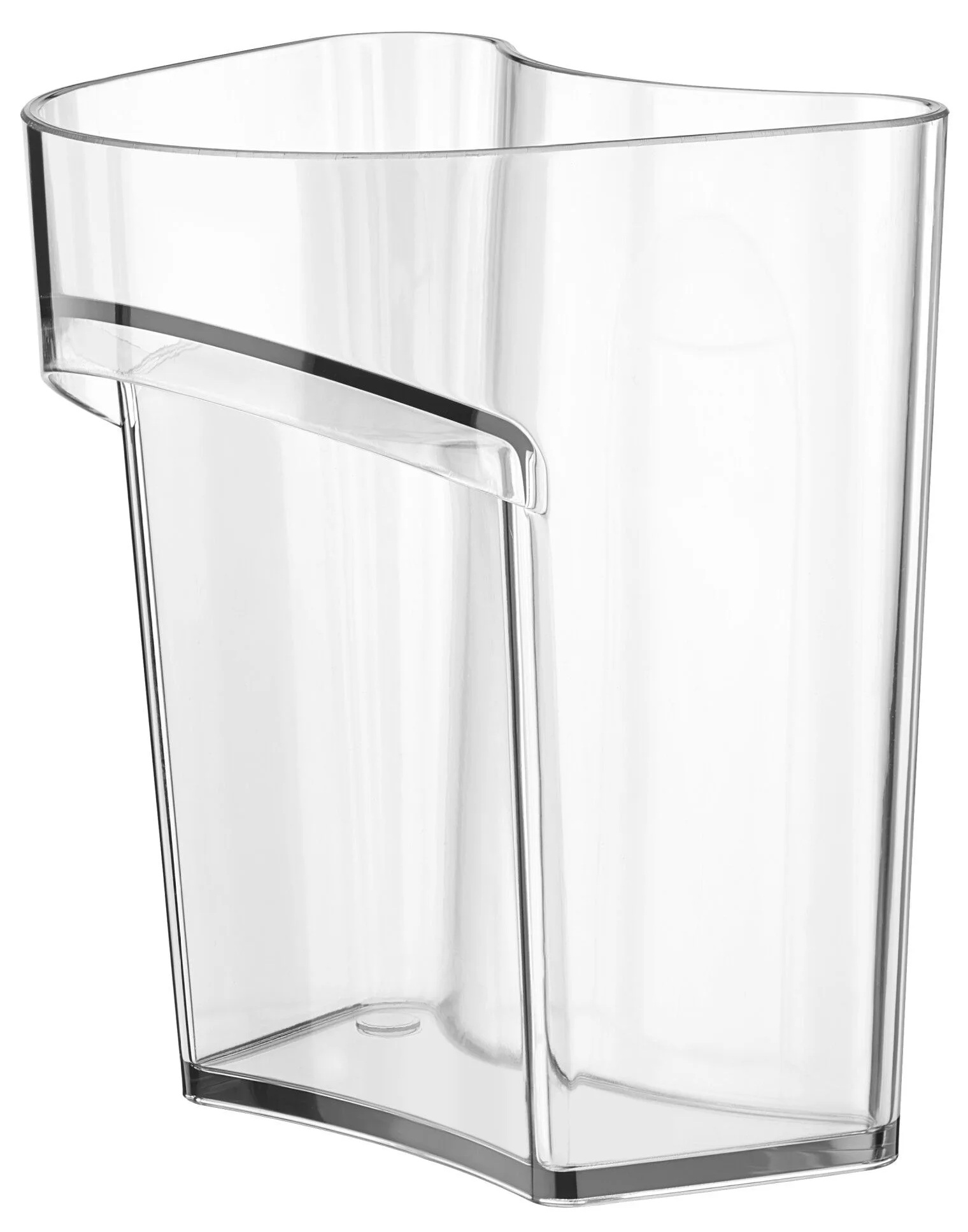 Przezroczysty plastikowy pojemnik do wyciskarki, z uchwytem i zakrzywionym dnem.