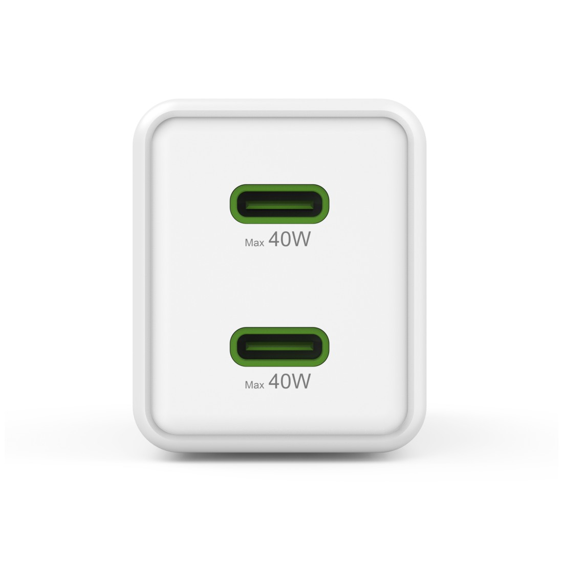Weißes Hama 40W Ladegerät mit zwei USB-C-Anschlüssen. Grün innen. Weißer Hintergrund.