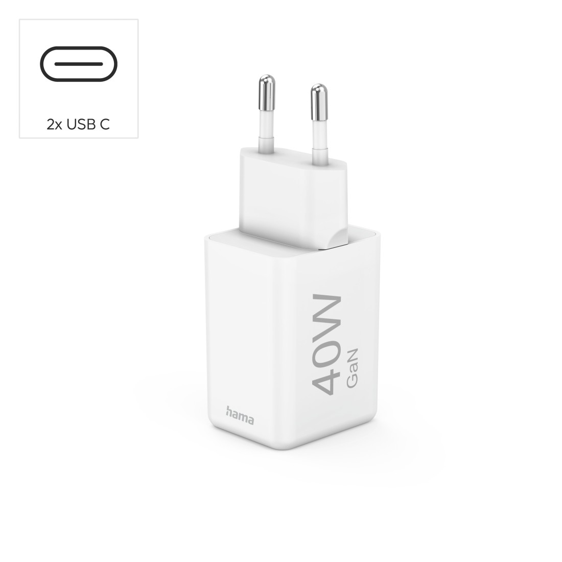Weißes Hama 40W GaN Ladegerät mit Stecker. Zwei USB-C-Anschlüsse, und ein Etikett. Weißer Hintergrund.
