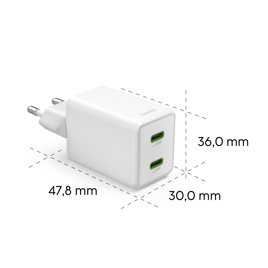 Weißes Hama 40W Ladegerät mit Stecker. Abmessungen durch gestrichelte Linien angezeigt.