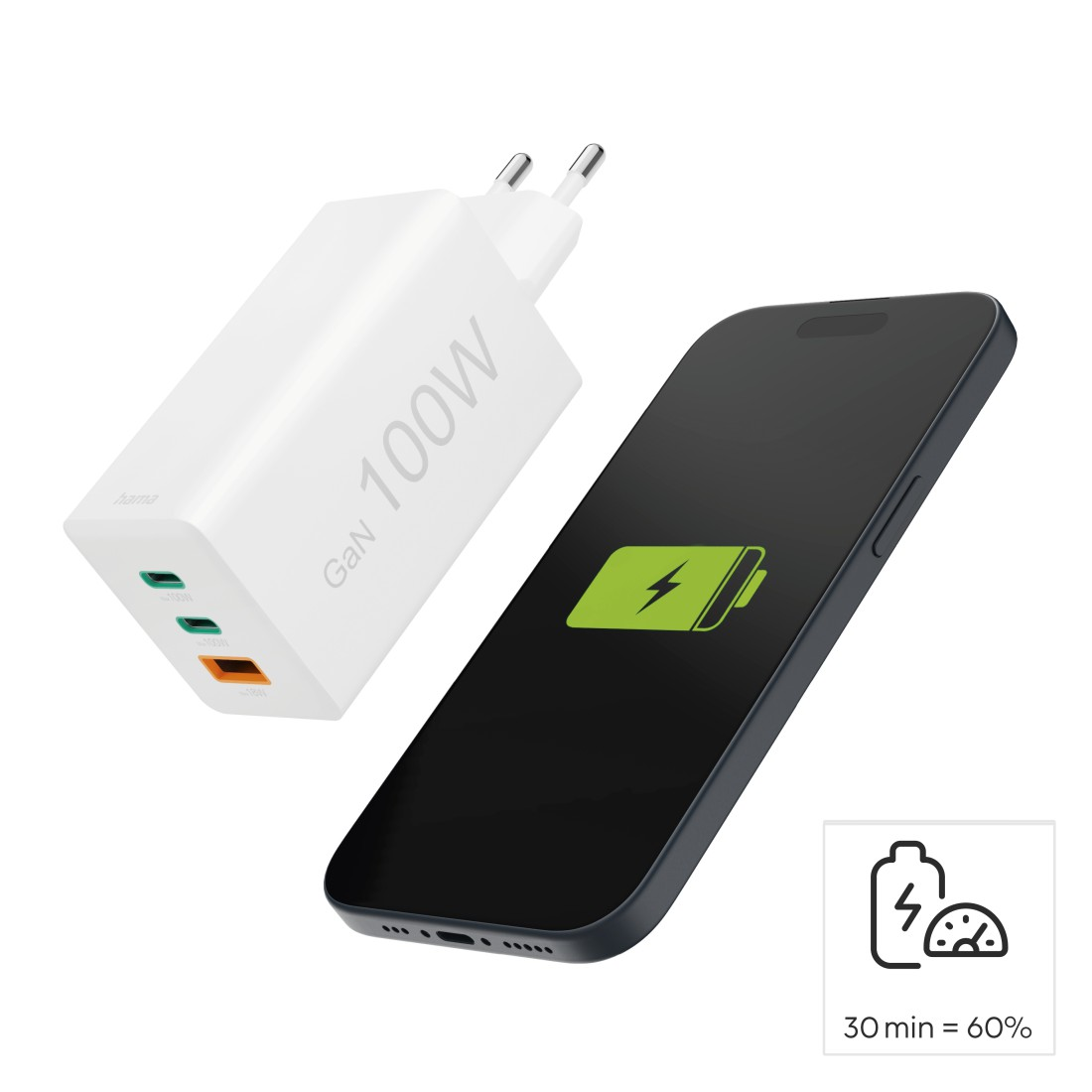 Ladegerät und Telefon, Telefon lädt, 60 % in 30 Min.