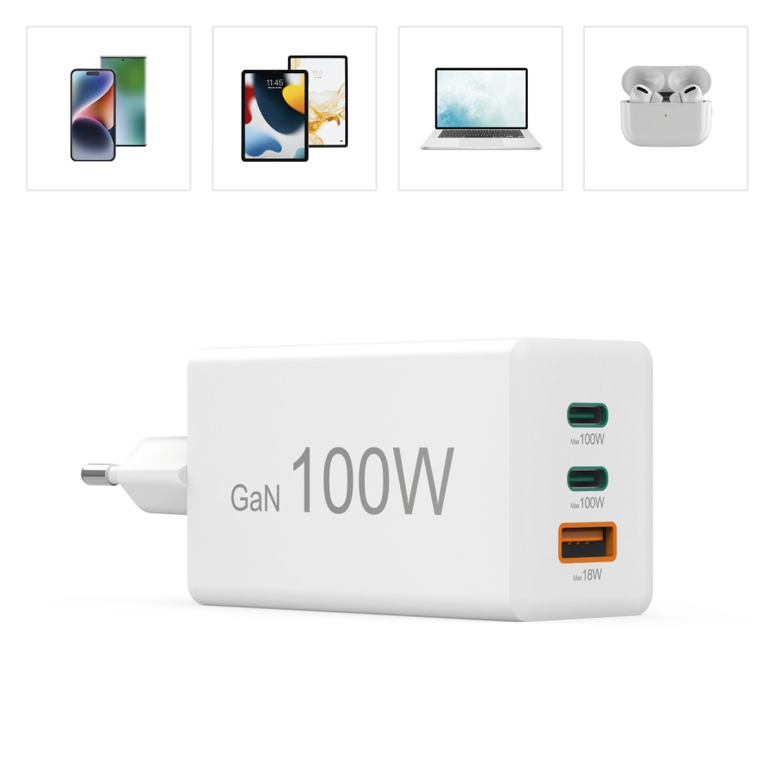 Weißes GaN 100W Ladegerät mit mehreren Anschlüssen und verschiedene Geräte im Hintergrund: Telefone, Laptop, Tablet und Ohrhörer.