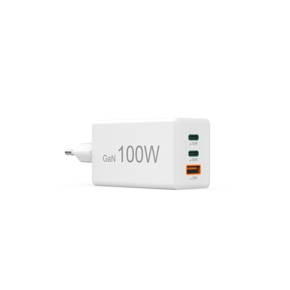 Weißes GaN 100W Ladegerät mit drei Anschlüssen. Der Hintergrund ist weiß.
