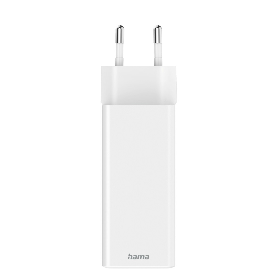 Nahaufnahme eines weißen Ladegeräts mit Stecker. Der Markenname 'hama' ist sichtbar.