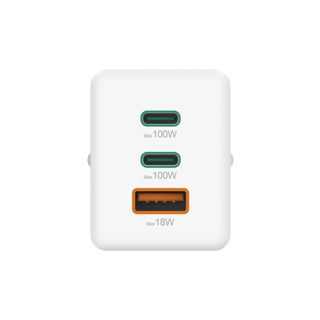 Weißes GaN 100W Ladegerät mit drei Anschlüssen: zwei USB-C und ein USB-A. Der Hintergrund ist weiß.