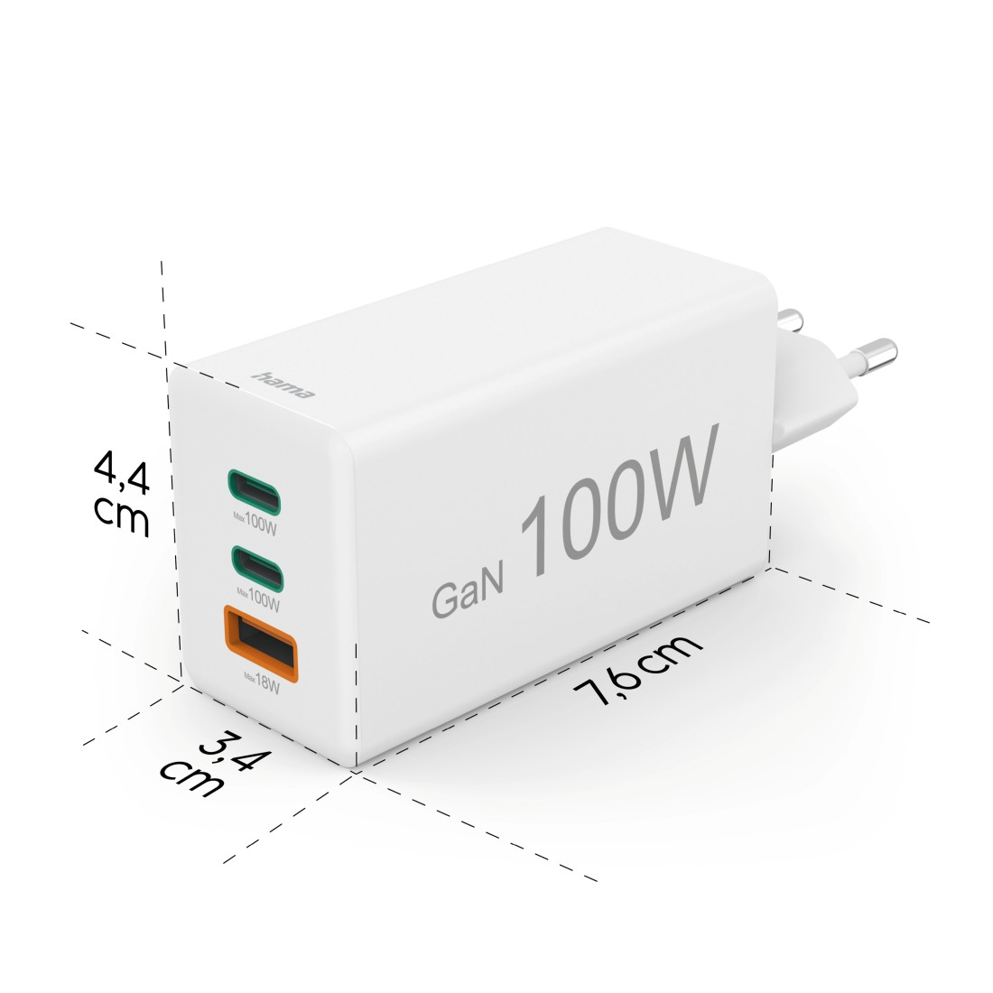 Weißes GaN 100W Ladegerät mit Größenangaben: 7,6 cm Länge, 4,4 cm Höhe und 3,4 cm Breite.