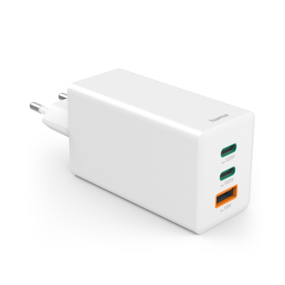 Weißes GaN 100W Ladegerät mit drei Anschlüssen und Stecker. Der Hintergrund ist weiß.