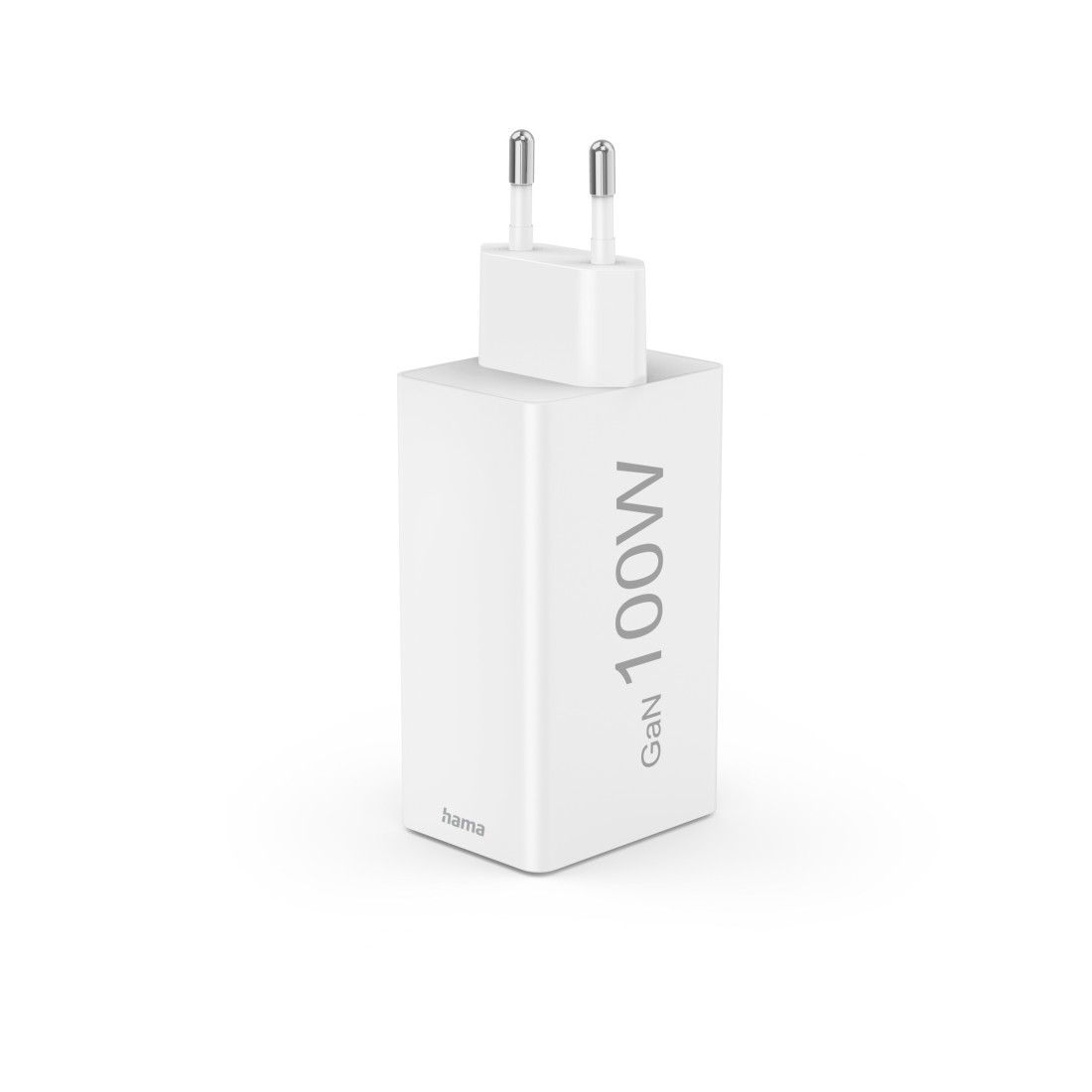 Weißes Ladegerät mit 'GaN 100W' Text. 'hama'-Logo unten. Weißer Hintergrund.