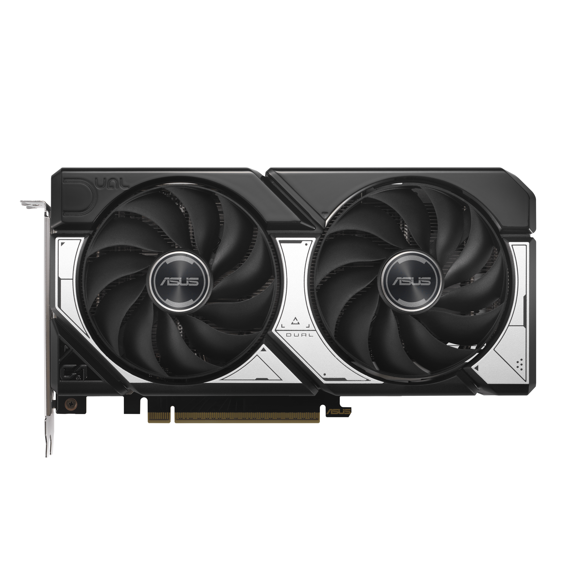 Grafikkarte mit zwei Lüftern, schwarz-silbernes Design, ASUS-Logo auf den Lüftern.