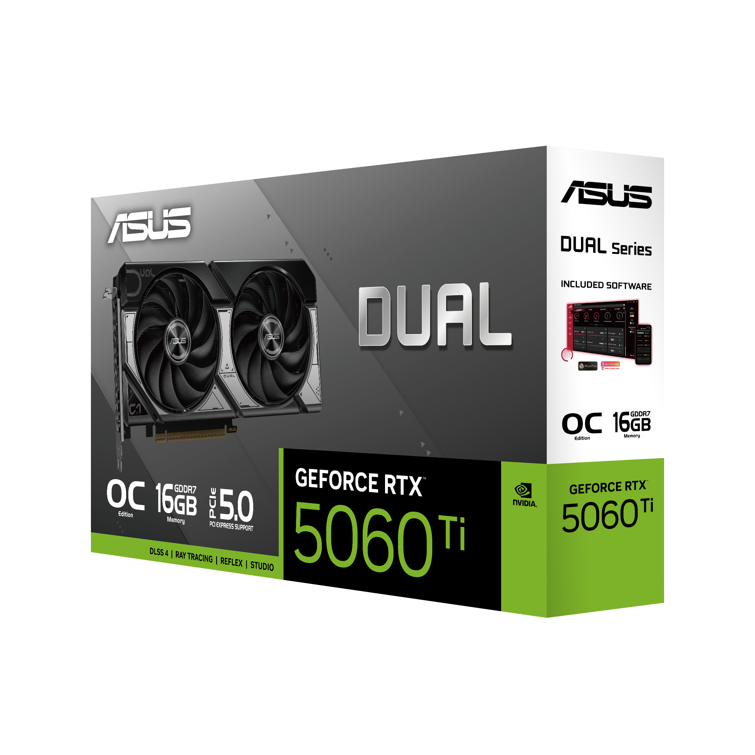 ASUS Dual Series Grafikkarte Box, mit sichtbarer Grafikkarte. Die Box ist weiß und grün.