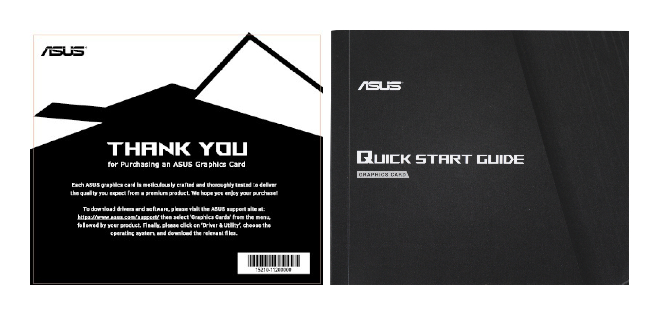 Zwei Papiere, eines mit 'Danke' für eine ASUS Grafikkarte, das andere ist eine Schnellstartanleitung.