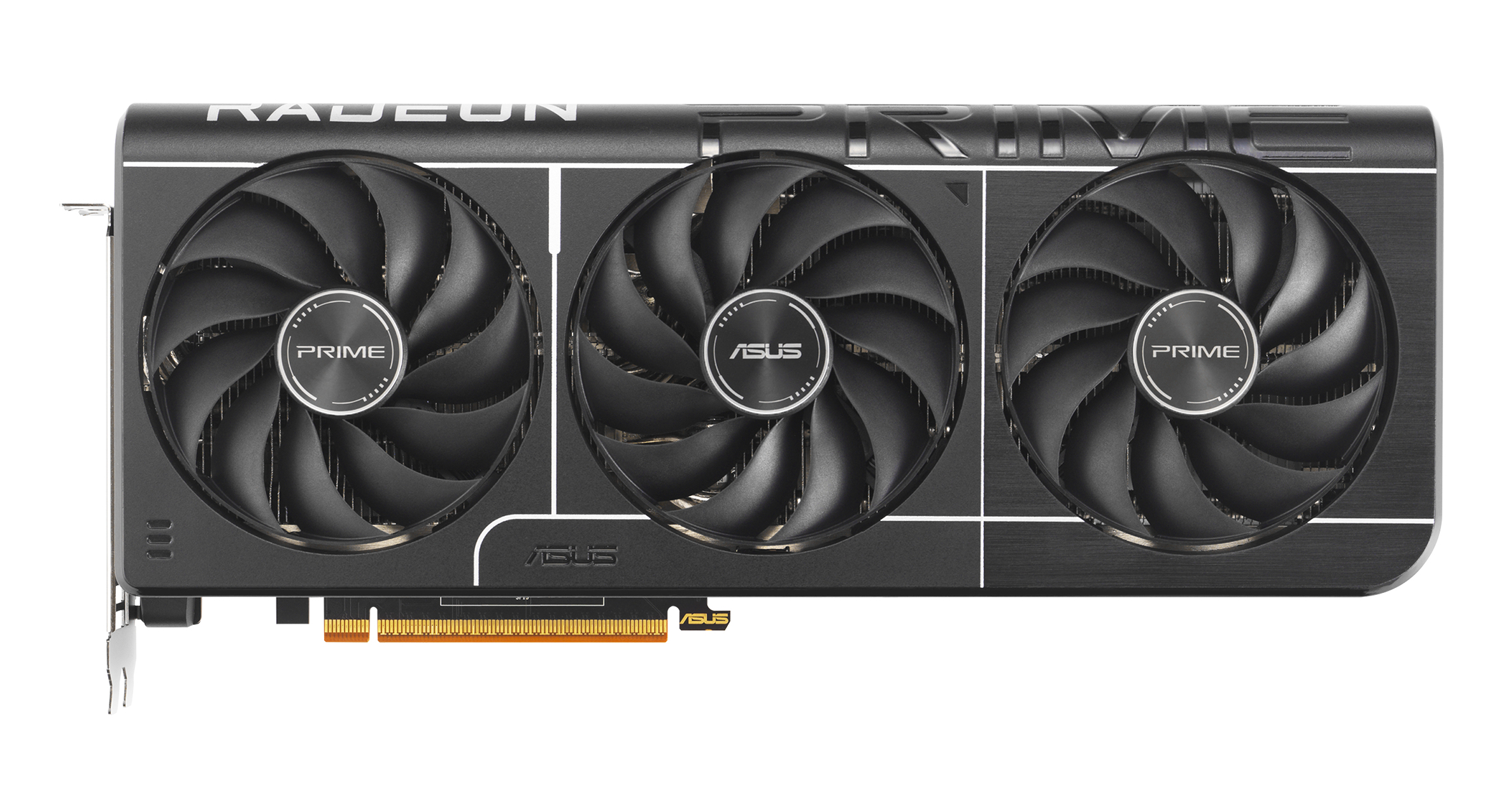 Schwarze ASUS Radeon Grafikkarte mit drei Lüftern. Radeon und Prime sind darauf gedruckt.