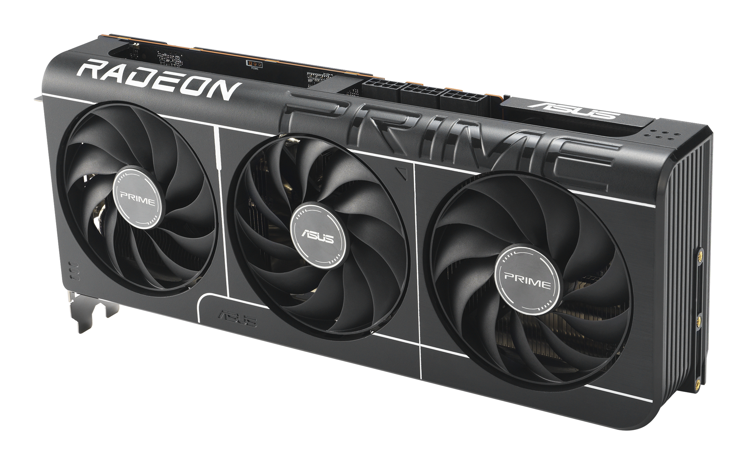Schwarze und silberne Grafikkarte mit drei großen Lüftern und dem Wort RADEON. ASUS PRIME ebenfalls sichtbar.