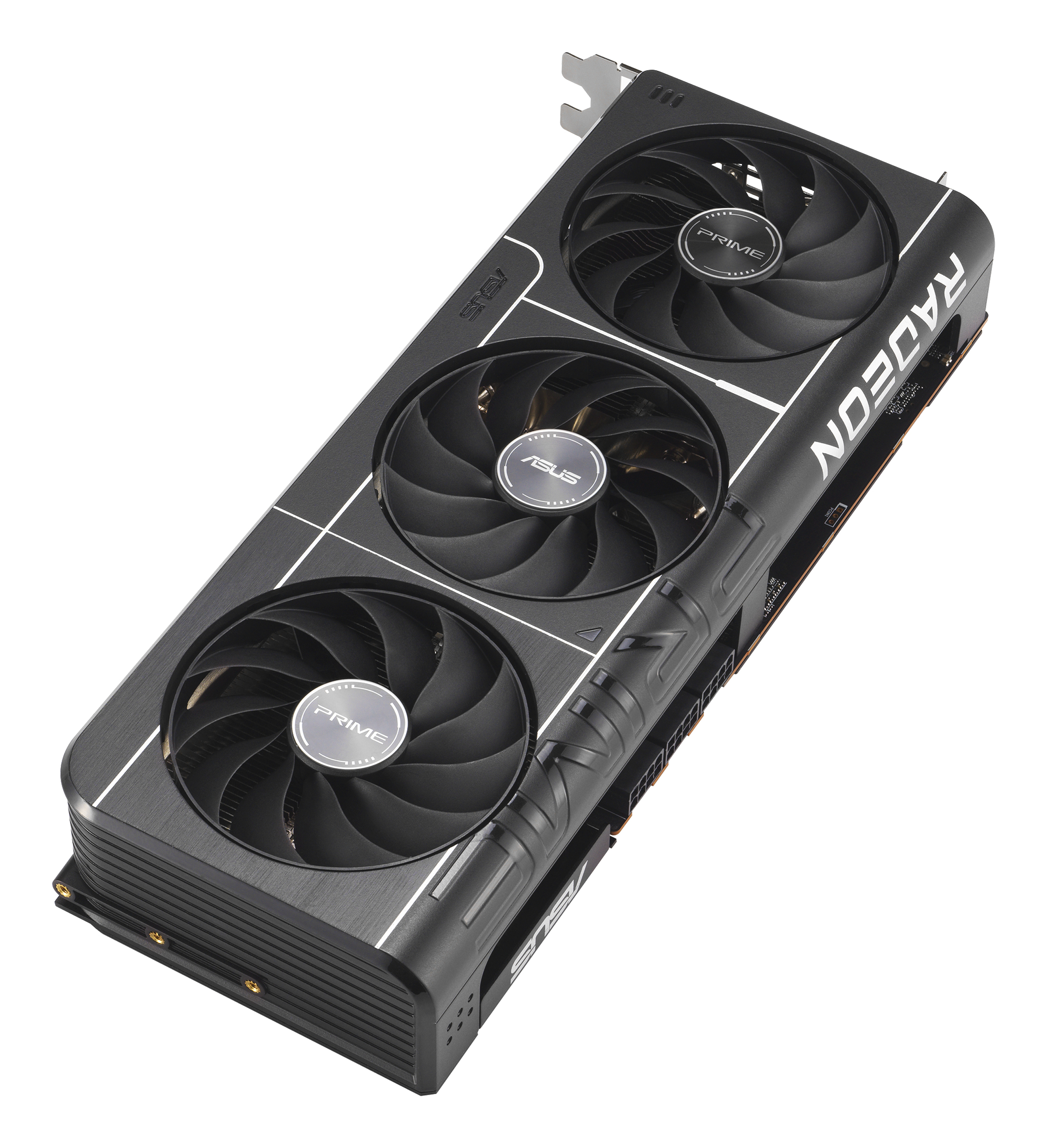 Schwarze ASUS Radeon Grafikkarte mit drei Lüftern. Radeon und Prime sind darauf gedruckt.