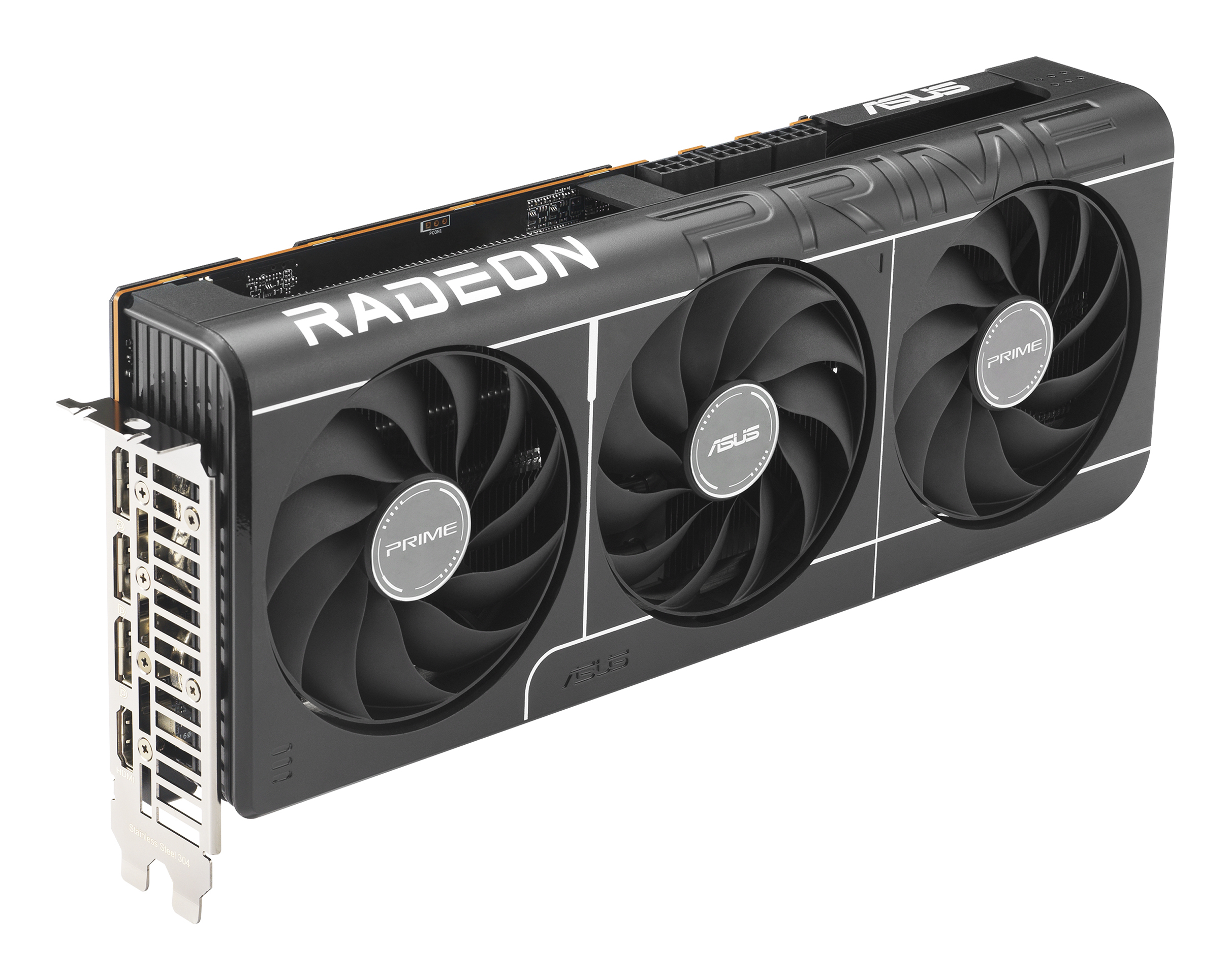 Schwarze und silberne Grafikkarte mit drei Lüftern, RADEON-Text und ASUS PRIME. Mit mehreren Anschlüssen links.