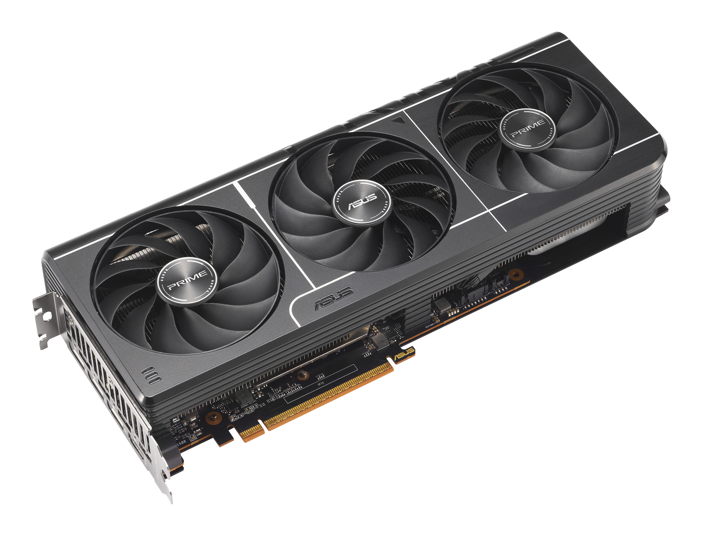Grafikkarte mit drei Lüftern, ASUS- und PRIME-Text und einem grau-schwarzen Design, schräge Ansicht.