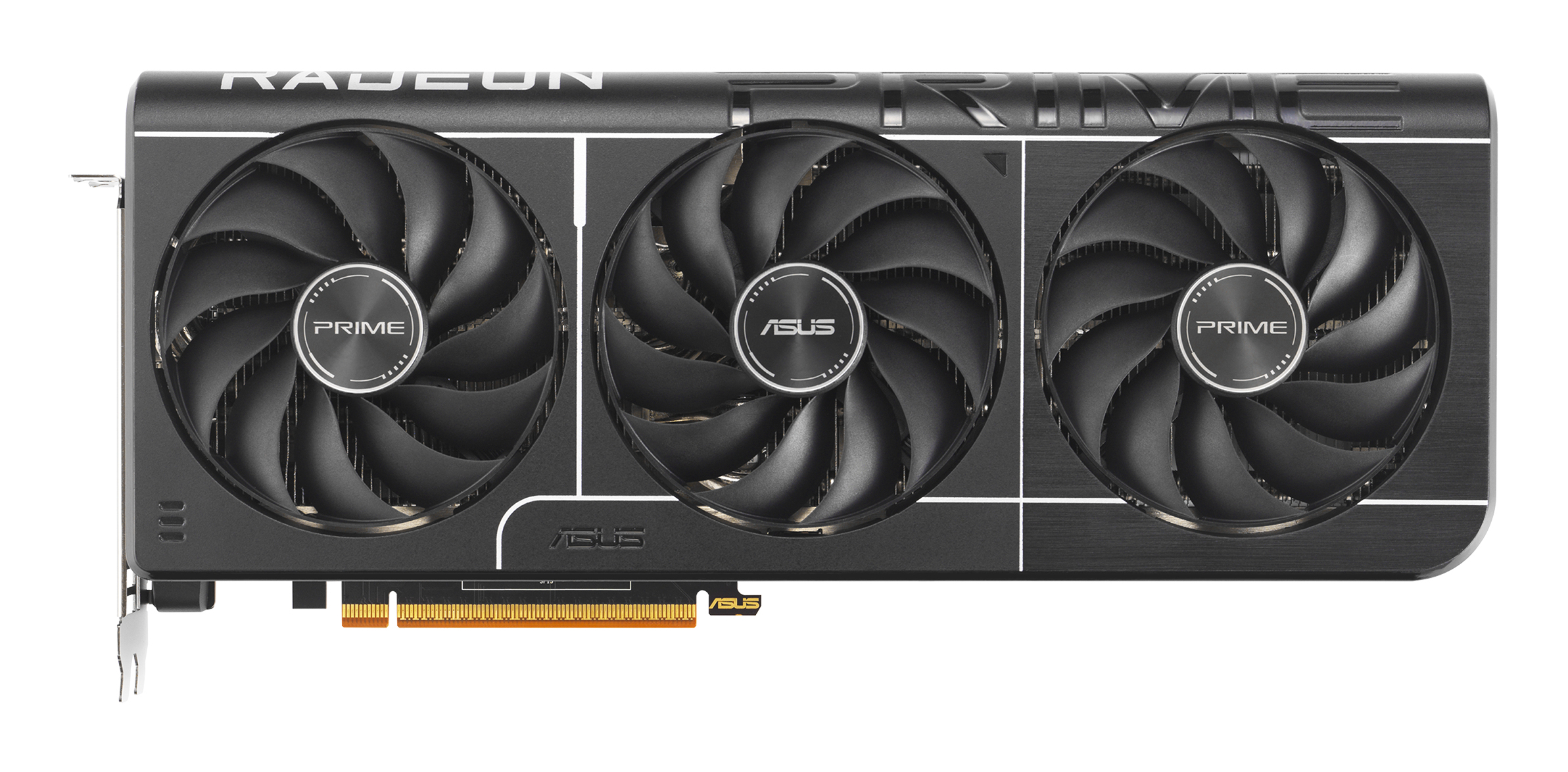 RADEON PRIME Grafikkarte mit drei Lüftern. Schwarz, mit PRIME- und ASUS-Logos. Schräge Ansicht.