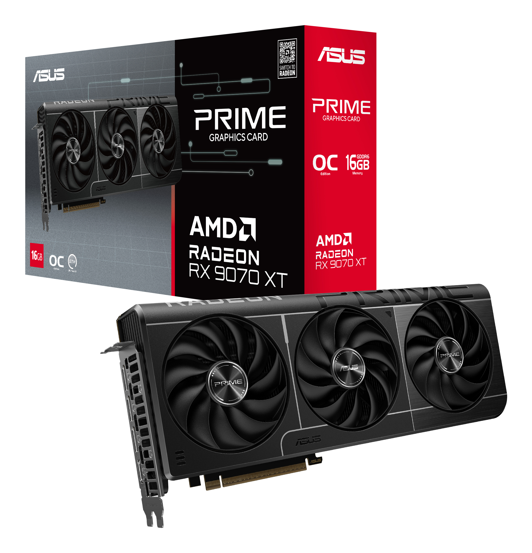 Eine ASUS-Grafikkartenbox und -karte. Box zeigt Karte mit Lüftern und Text, Karte hat 3 Lüfter.