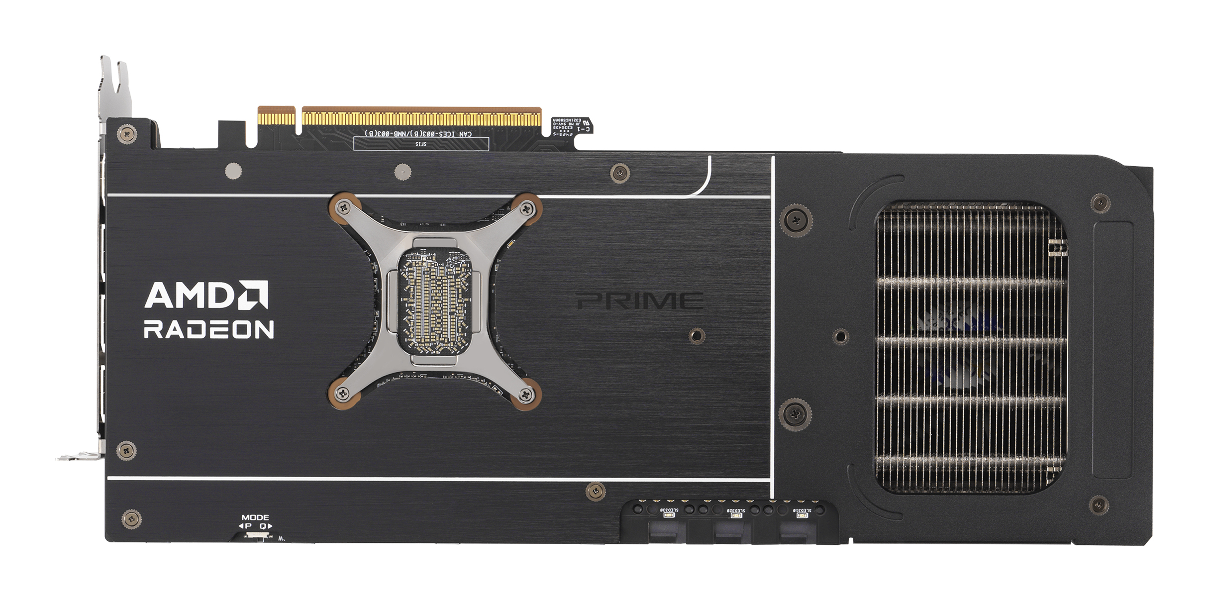 Rückseite einer AMD RADEON PRIME Grafikkarte. Schwarz mit AMD RADEON und PRIME Logos. Kühlbereich sichtbar.
