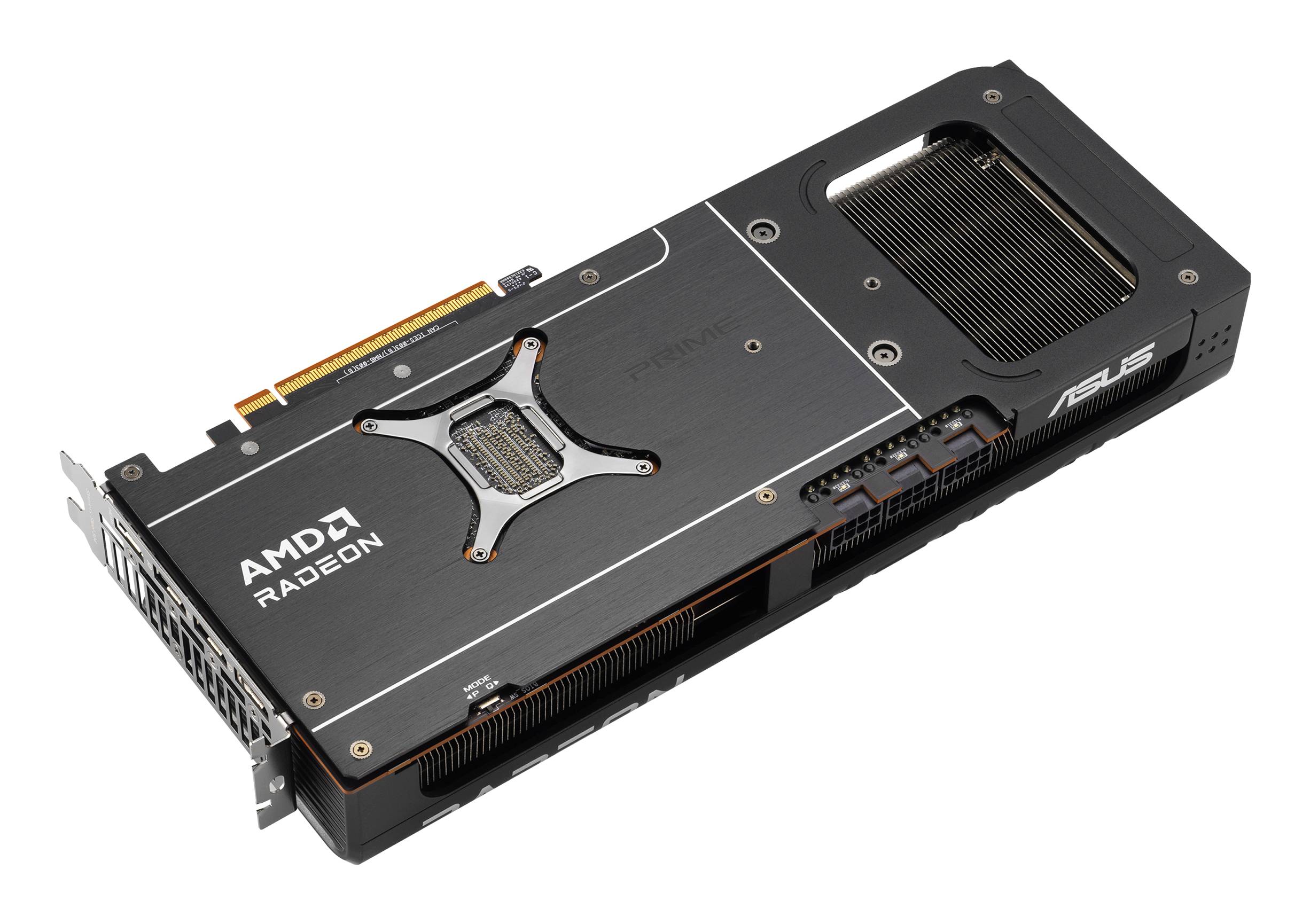 Eine schwarze AMD Radeon Grafikkarte mit ASUS-Branding auf weißem Hintergrund. Die Karte hat einen Kühlkörper und Lüfter.