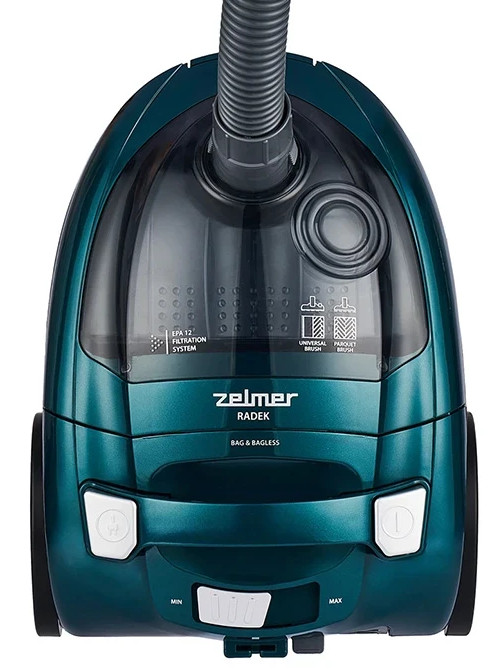 Turkusowy odkurzacz, widok z góry. Zawiera: uchwyt, wąż i sterowanie przyciskami.