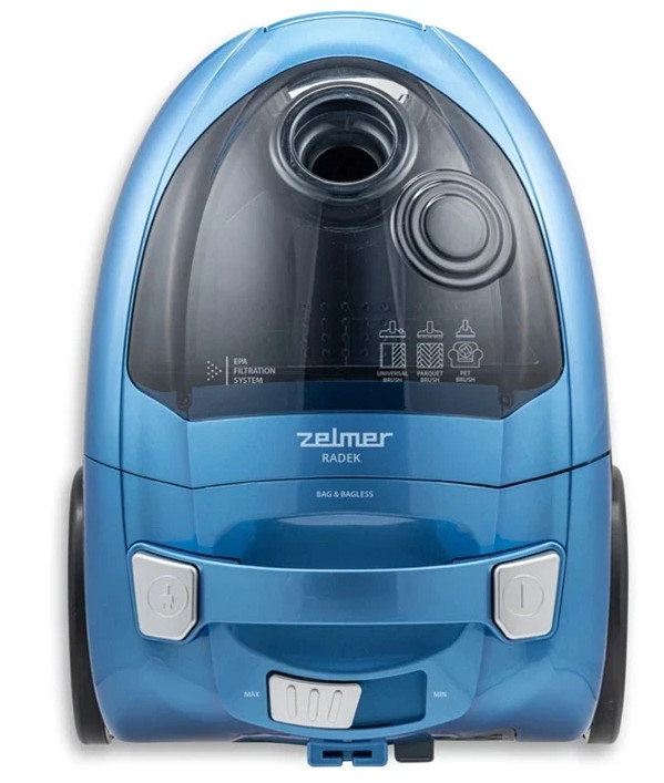 Niebieski odkurzacz, widok z góry. Zawiera: uchwyt, mocowanie węża i sterowanie przyciskami.