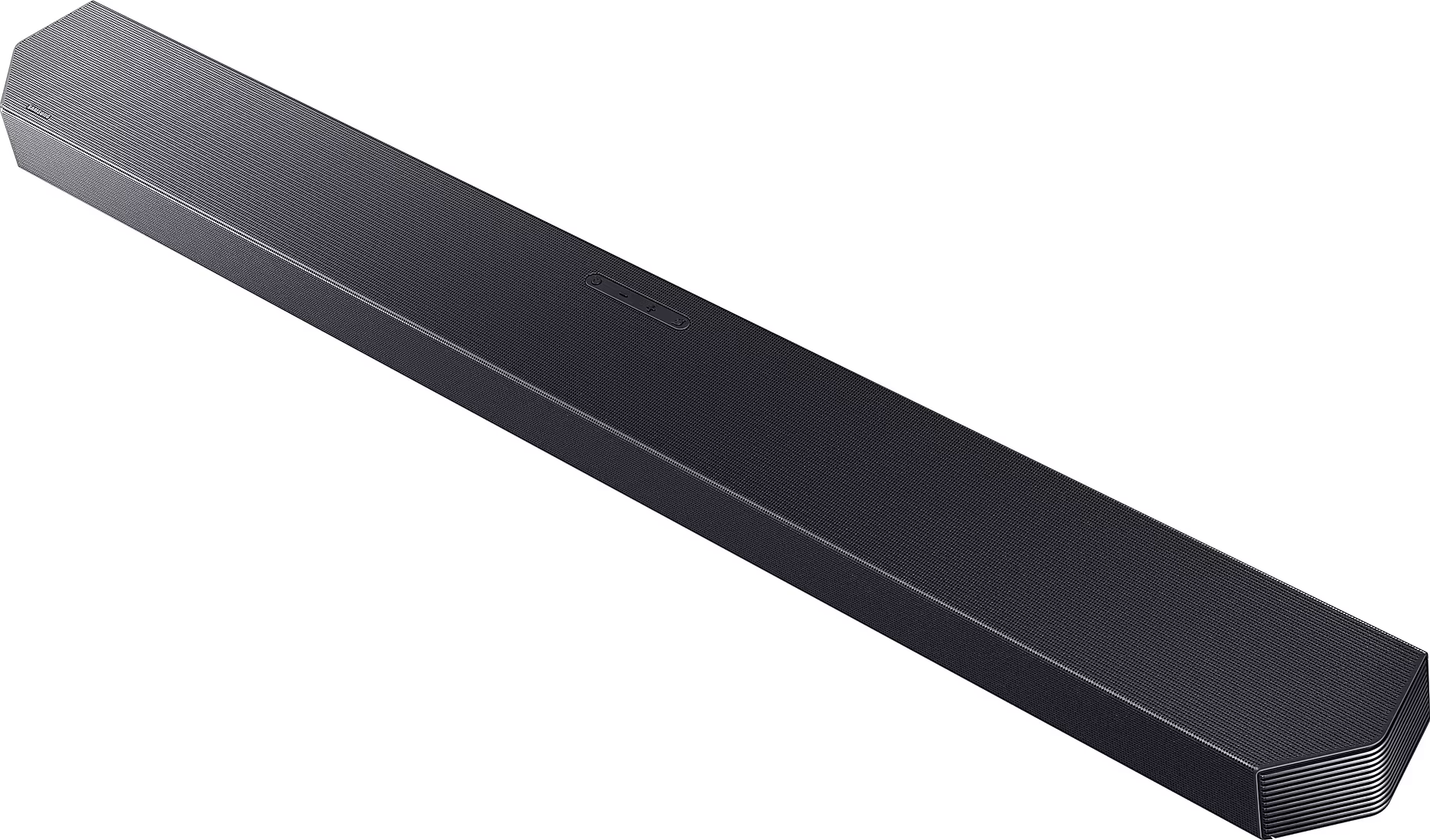 Barre de son noire inclinée, avec une surface texturée et une légère courbure.