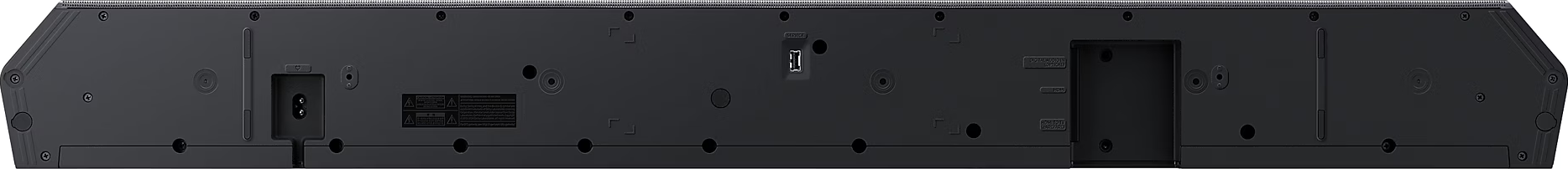 Arrière d'une barre de son noire avec divers ports et connexions.