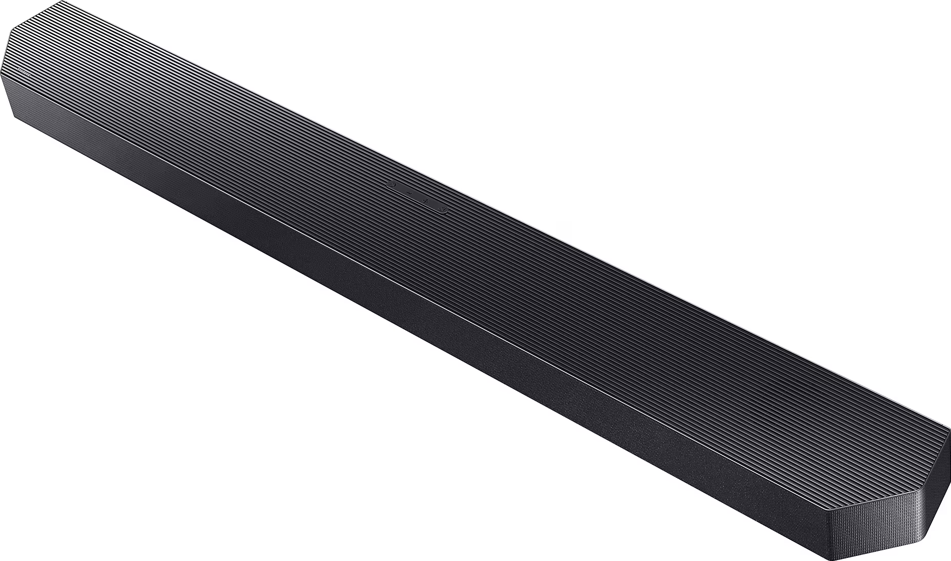 Barre de son noire avec surface texturée et design incurvé.