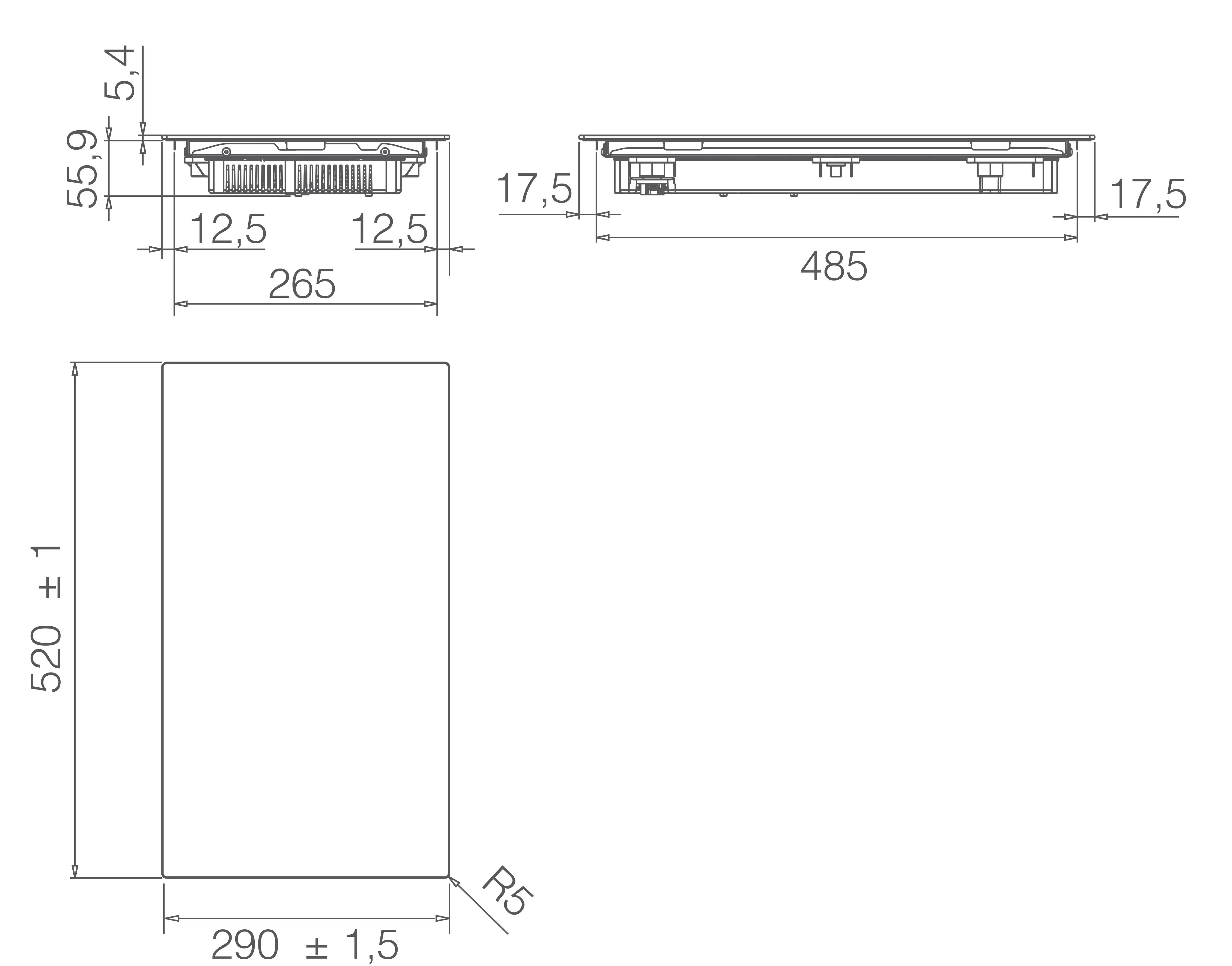 Rysunek techniczny płyty grzejnej. Pokazuje widoki z góry i z boku z wymiarami w mm. Białe tło.