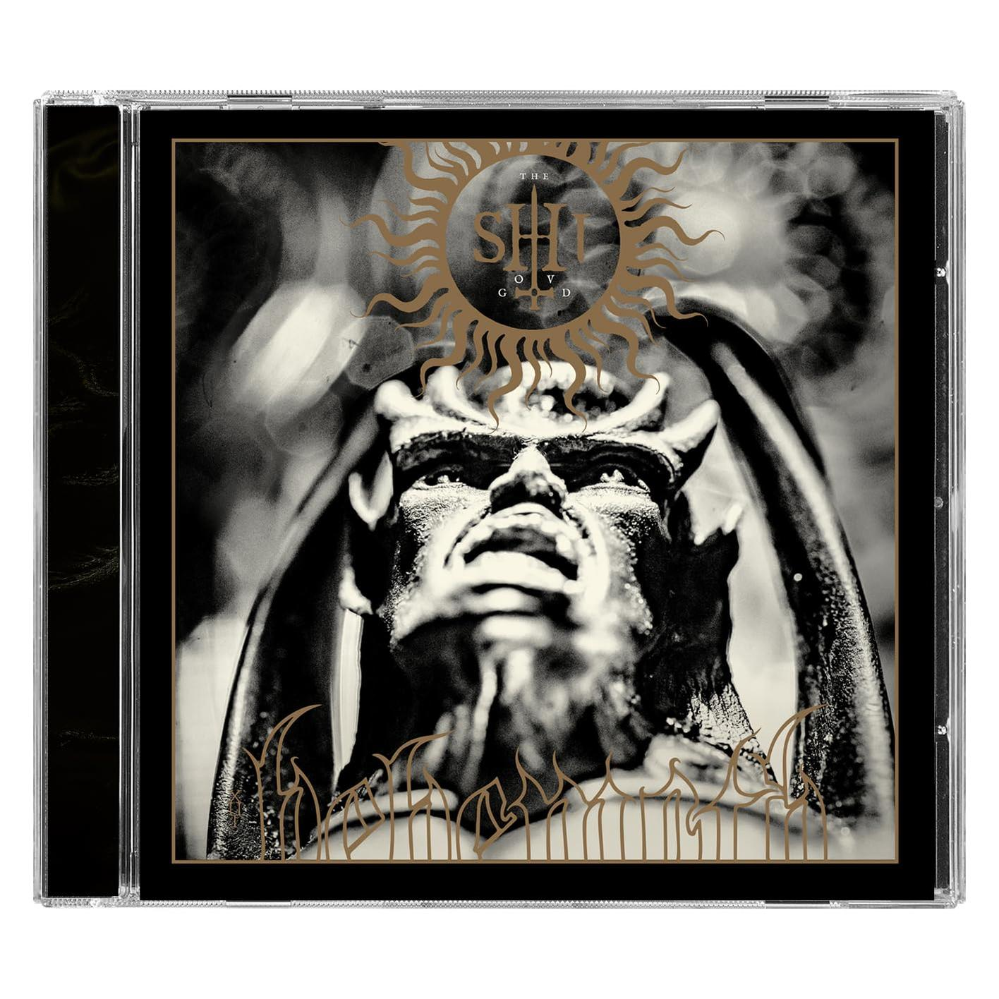 Fekete-fehér album borító démonikus figura szobrával és nap mintával.