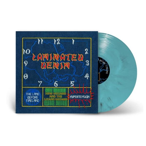 Albumcover: Vinyl-Schallplatte mit Jeans-Textur und Uhrdesign.