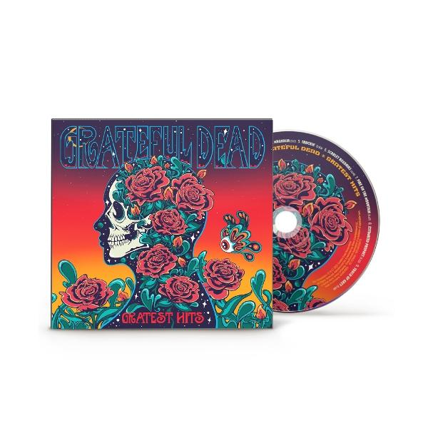 Grateful Dead album borítója koponyával, rózsákkal és pillangóval a CD-n.