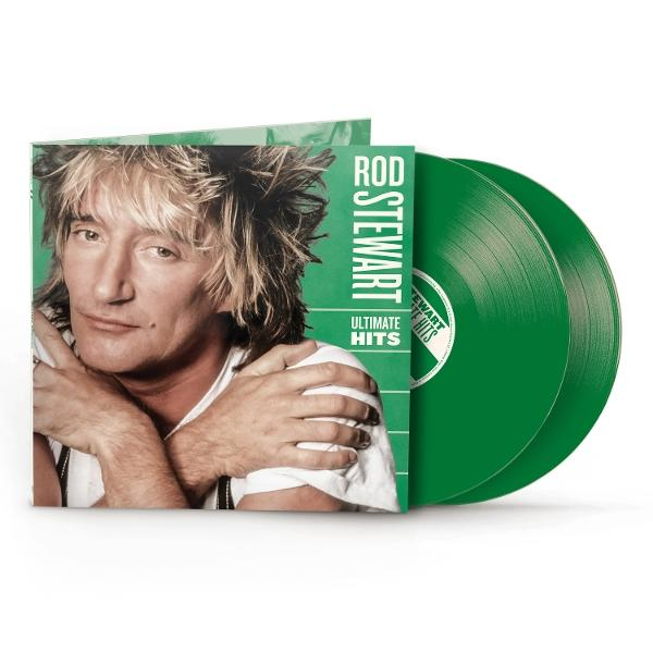 Pochette d'album de Rod Stewart, avec un disque vinyle vert. L'album s'intitule "Ultimate Hits".