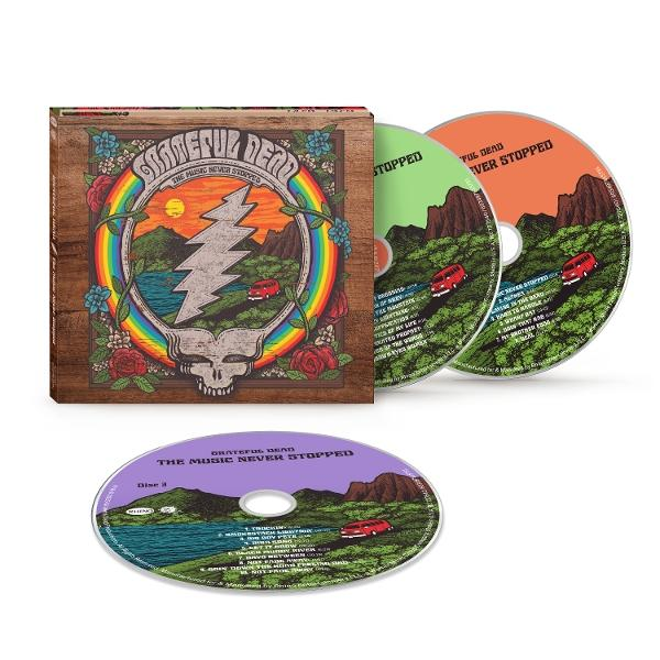 CD-Set mit drei Discs und einer Box mit Grateful Dead-Artwork und dem Titel 'The Music Never Stopped'.