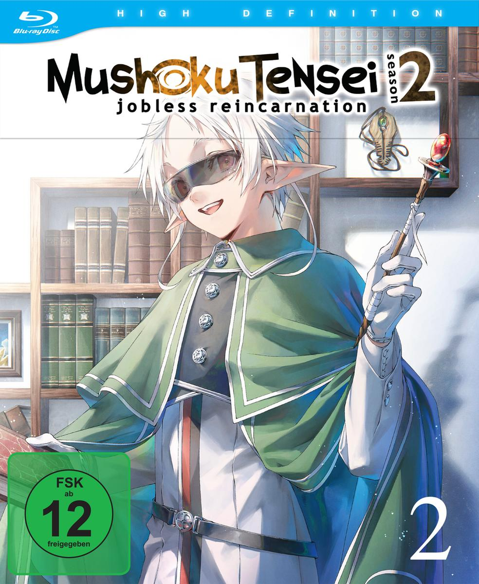 Mushoku Tensei Staffel 2 Blu-Ray. Anime-Charakter mit Brille und Stab.