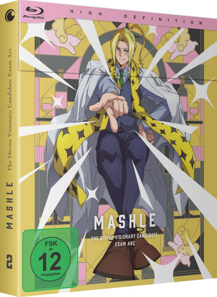 Anime-DVD-Cover zeigt einen blonden Charakter in einem weißen Mantel und gelbem Schal, der nach vorne zeigt. Titel: Mashle.