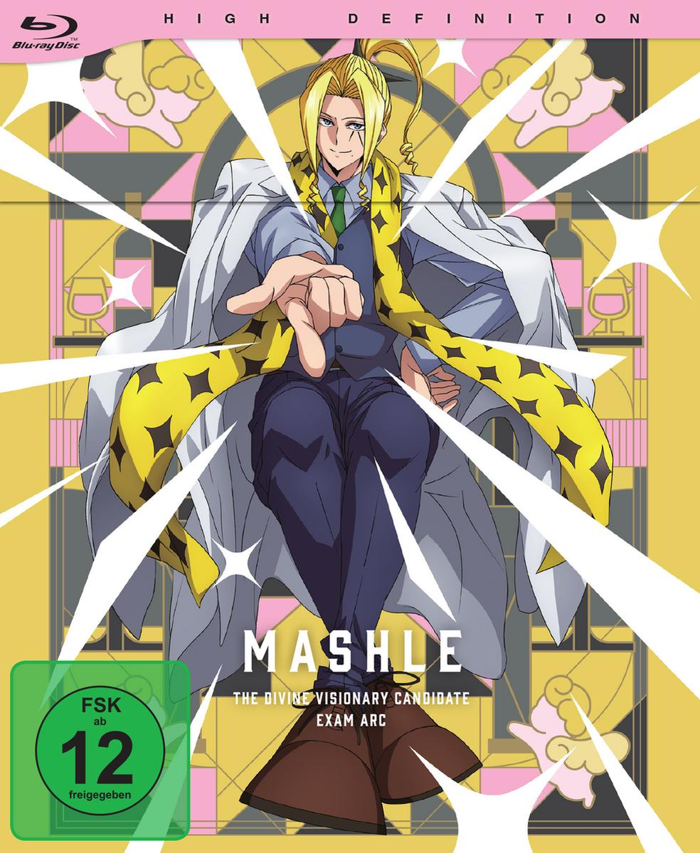 Anime-DVD-Cover zeigt einen blonden Charakter in einem weißen Mantel und gelbem Schal, der nach unten zeigt. Titel: Mashle.