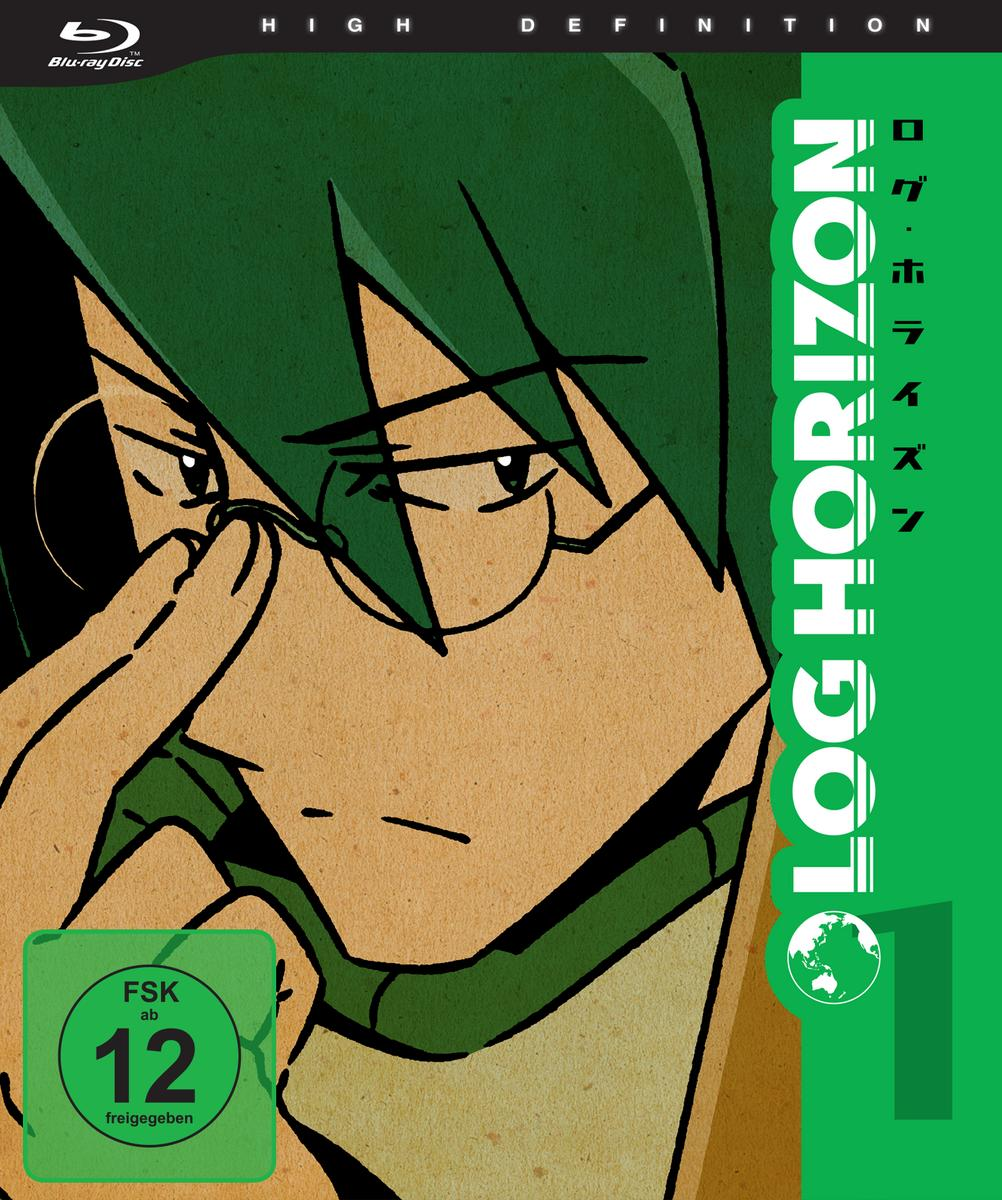 Anime-DVD-Cover mit einer grünhaarigen Figur, die nach unten schaut und eine Brille trägt. Titel: Log Horizon 1.