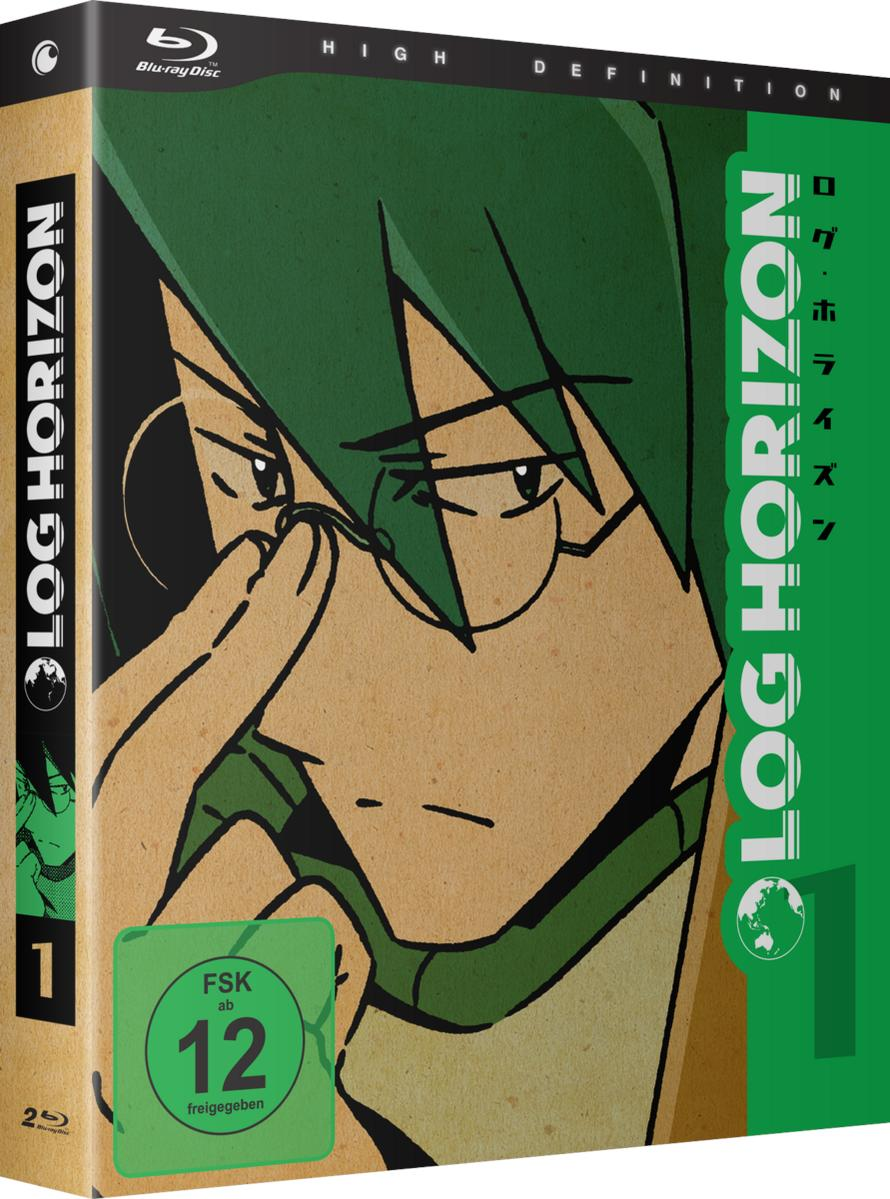 Anime-DVD-Cover mit einer grünhaarigen Figur, die nach unten schaut und eine Brille trägt. Titel: Log Horizon 1.