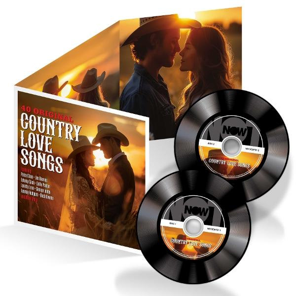 Albumcover mit Paar in Cowboyhüten bei Sonnenuntergang. Discs mit Country Love Songs sind enthalten.