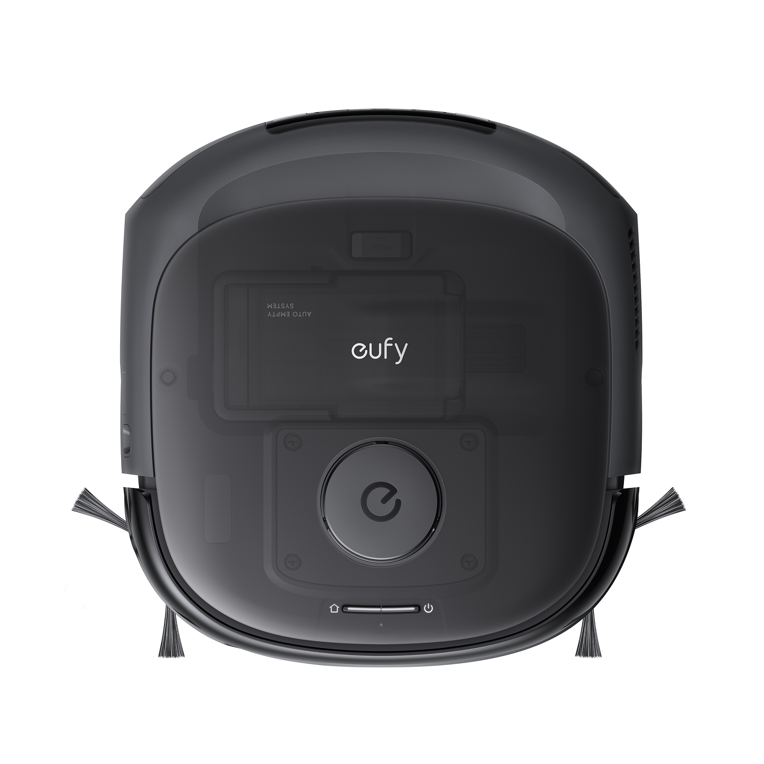 Een bovenaanzicht van een zwarte Eufy robotstofzuiger. Hij heeft een transparante stofbak, twee zijborstels en bedieningsknoppen. De achtergrond is wit.