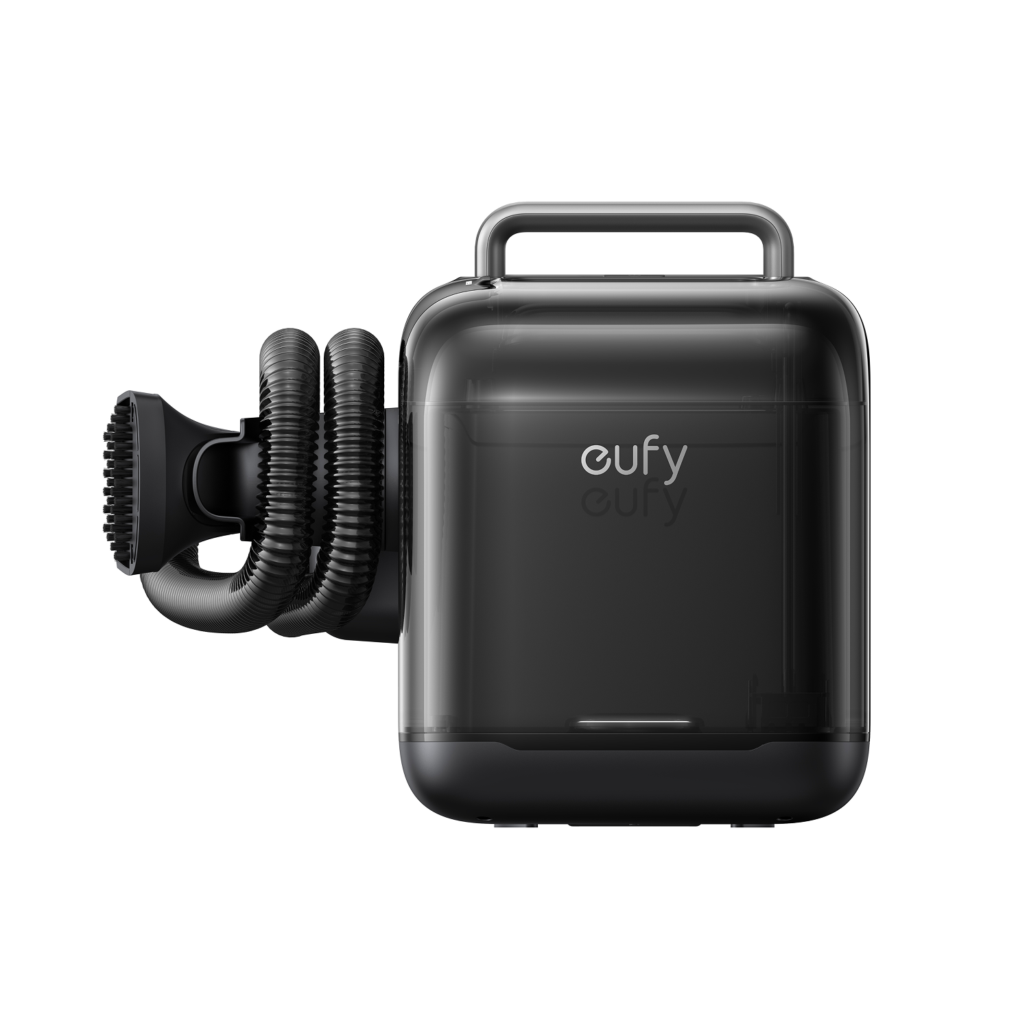 Een zwart draagbaar Eufy-apparaat met handvat, slang en mondstuk, tegen een witte achtergrond. Het woord "eufy" is zichtbaar.