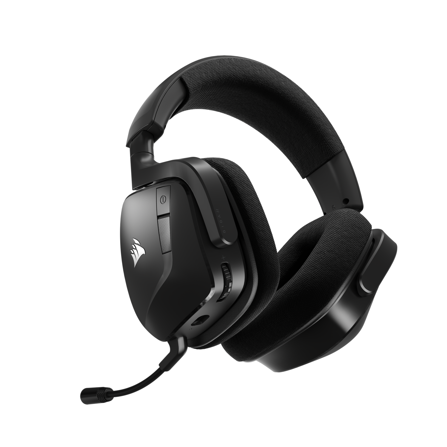 Black gaming headset with a microphone, and a Corsair logo on the side.