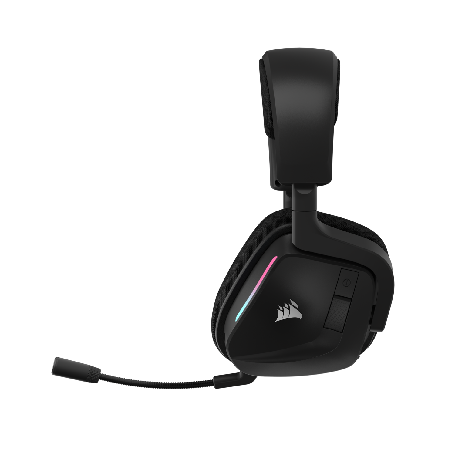 Black gaming headset with microphone, on a black background.